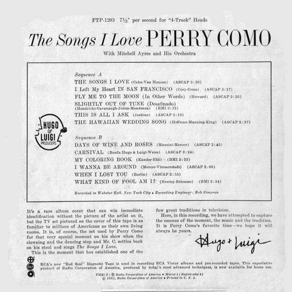 The Songs I Love ~ Quarter-Track 1963