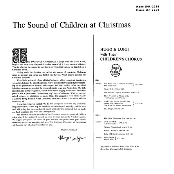 The Sound of Children at Christmas ~ Hugo & Luigi with Their Children's Chorus