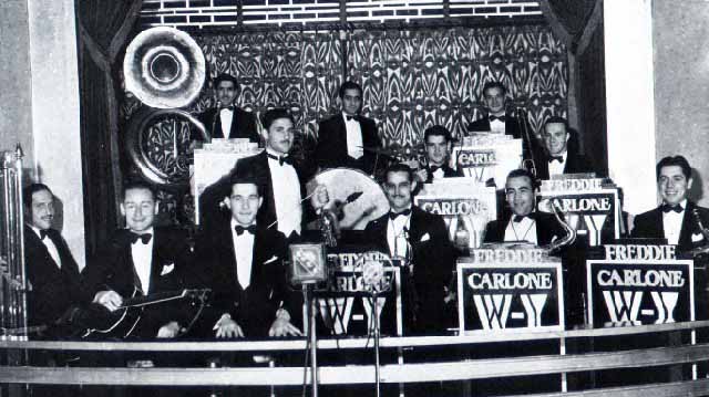 Freddie Carlone Orchestra 1932. Perry Como(3 from left)vocals. Freddie Carlone:Conductor/Sax -Center, Tony Carlone:Drums, Frank Carlone:Tuba