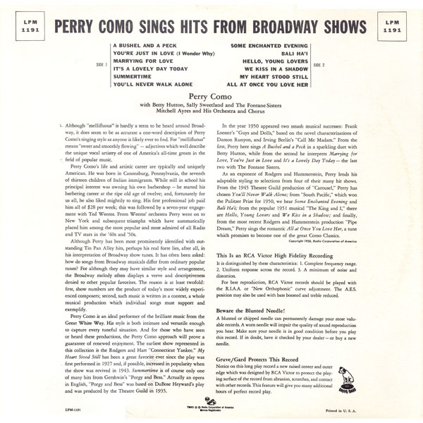 Perry Como Sings Hits from Broadway Shows ~ 1956