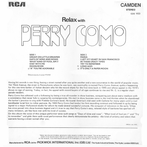 Relax with Perry Como - 1974 UK Camden