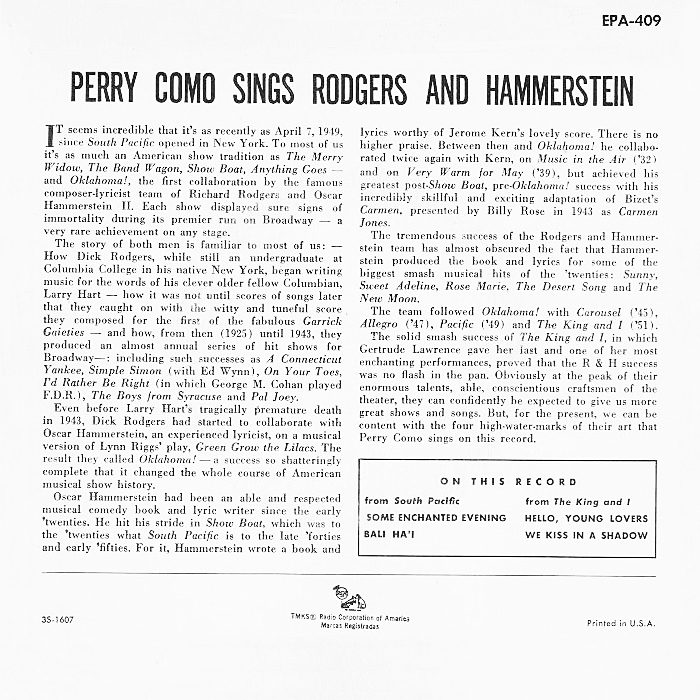 Perry Como ~ Hits From Broadway Shows