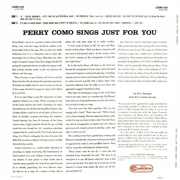 Perry Como Sings Just For You - 1958