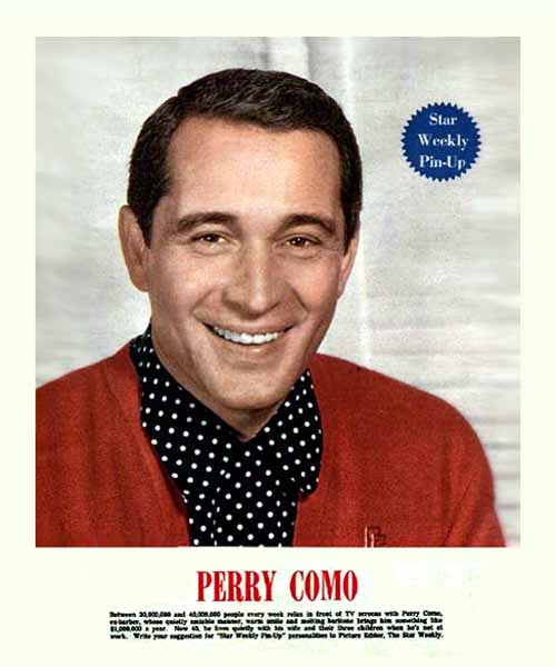 Between 30,000,000 and 40,000,000 every week relax in front of TV screens with Perry Como, ex-barber, whose quietly amiable manner, warm smile and melting baritone brings him something like $1,000,000 a year.  Now 45, he lives quietly with his wife and three children when he's not at work.