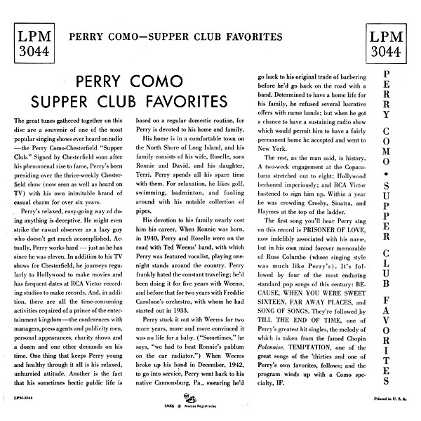 Supper Club Favorites ~ 1953 Long Play Version